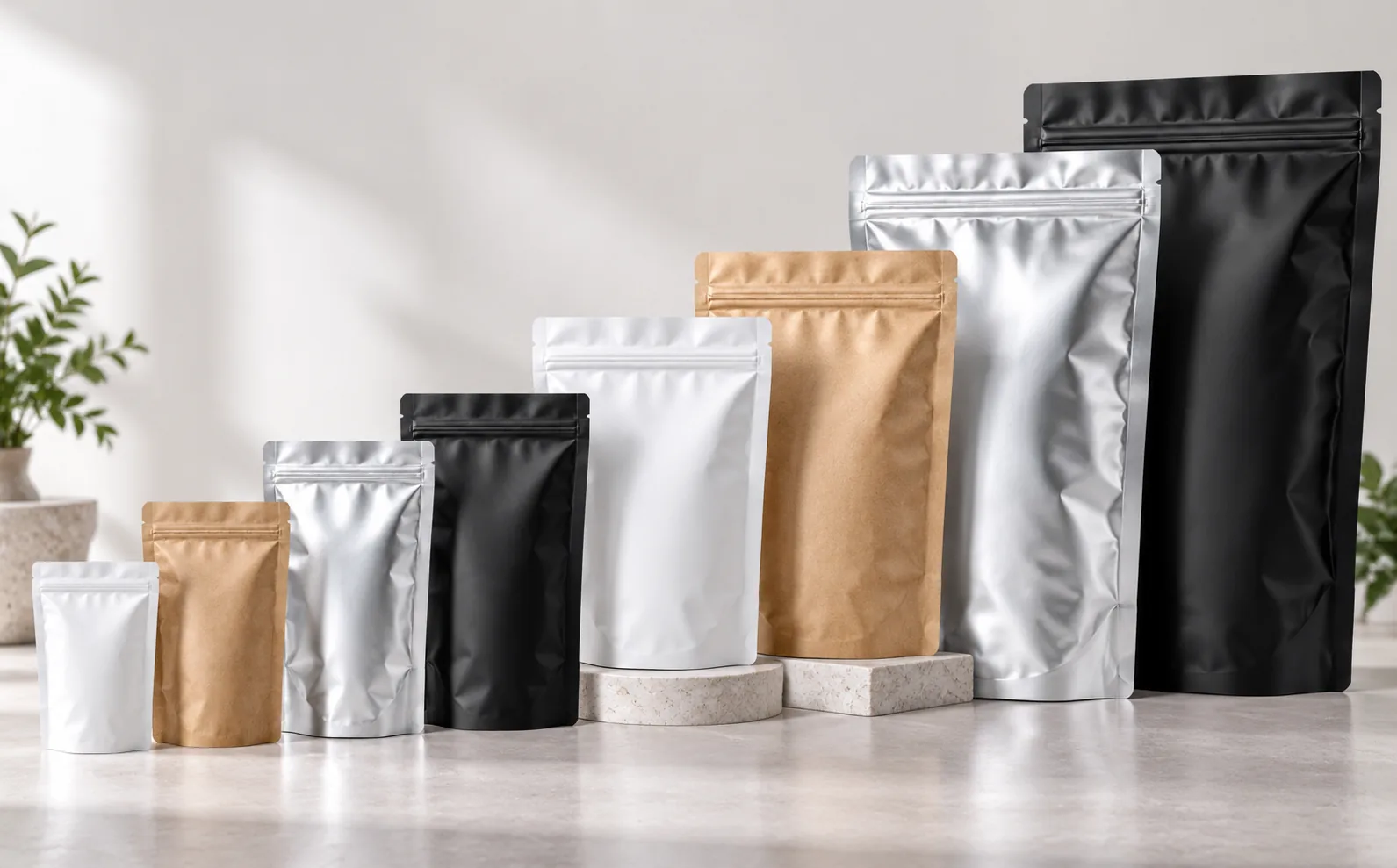 Stand-up pouches lined up from the smallest kraft sachet to the largest black pouch, showing the range of sizes