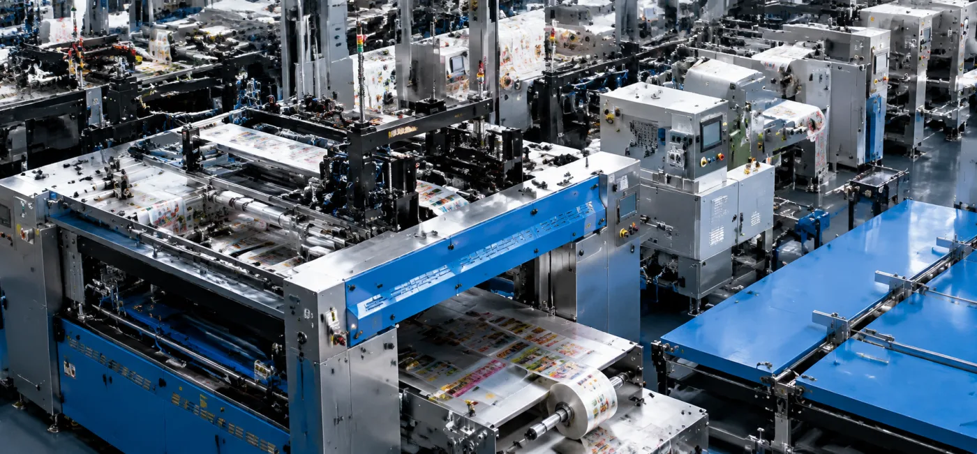 A hall of packaging printing and converting machines running printed film webs — the Chinese manufacturing ALLWINS sources from