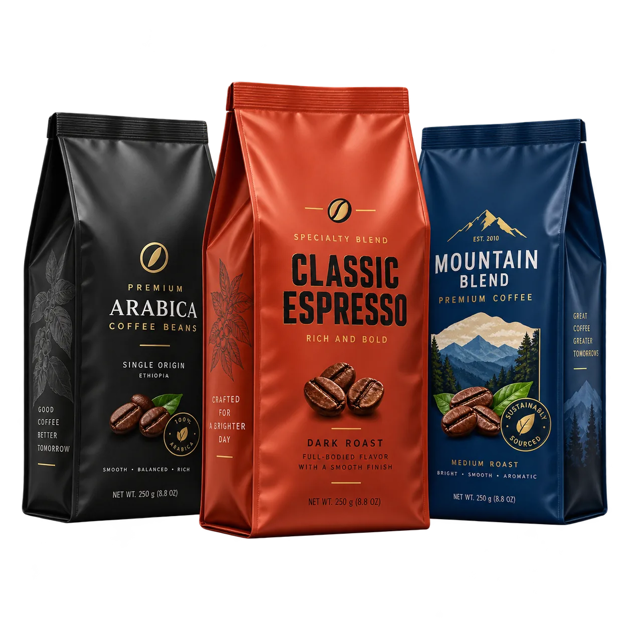 Three flat bottom coffee bags with degassing valves for single origin arabica, classic espresso and mountain blend