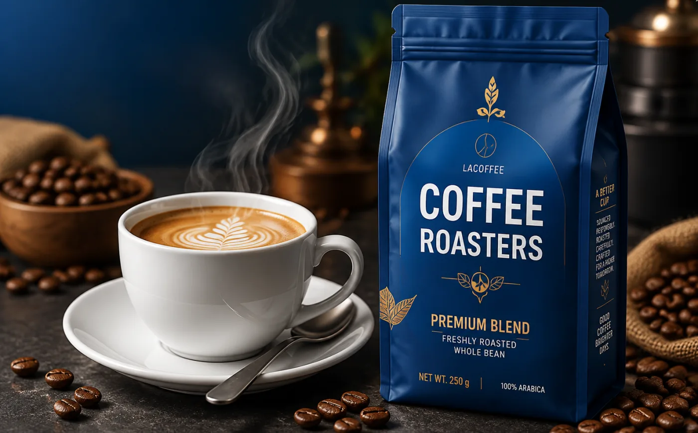 A navy premium blend coffee bag beside a white cup of latte art, roasted beans and a brass grinder — the ALLWINS coffee packaging success story