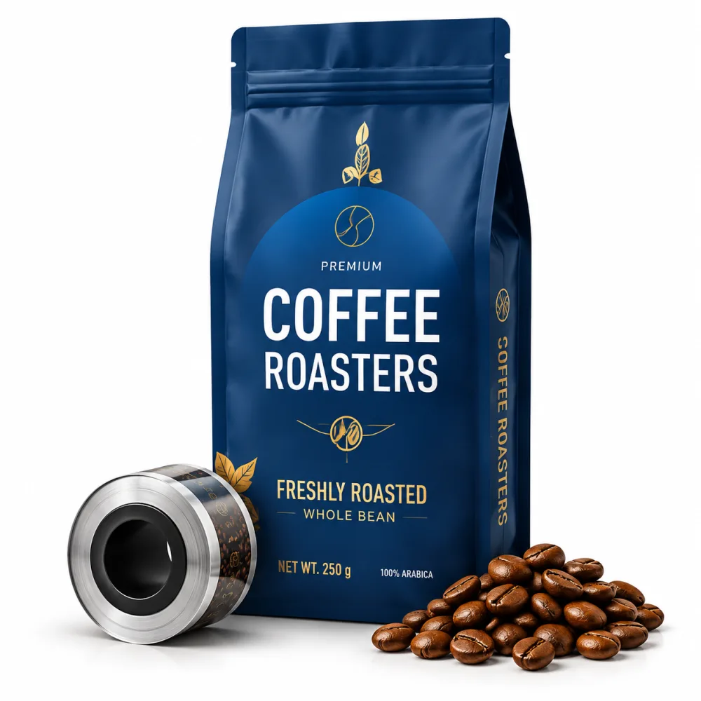A navy flat-bottom coffee bag with a metal one-way degassing valve and a pile of roasted arabica beans