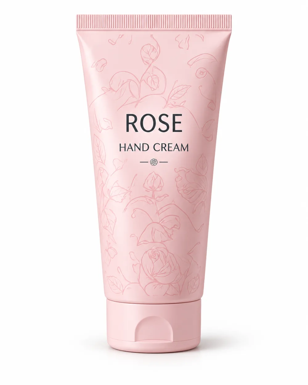 A pale pink rose hand cream tube printed with a fine floral line pattern