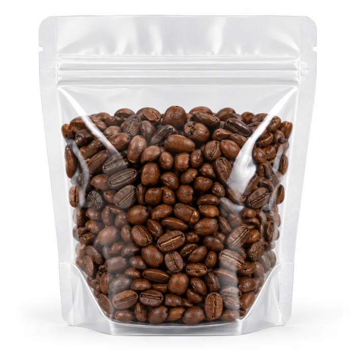 A pouch with a clear window showing the roasted coffee beans inside