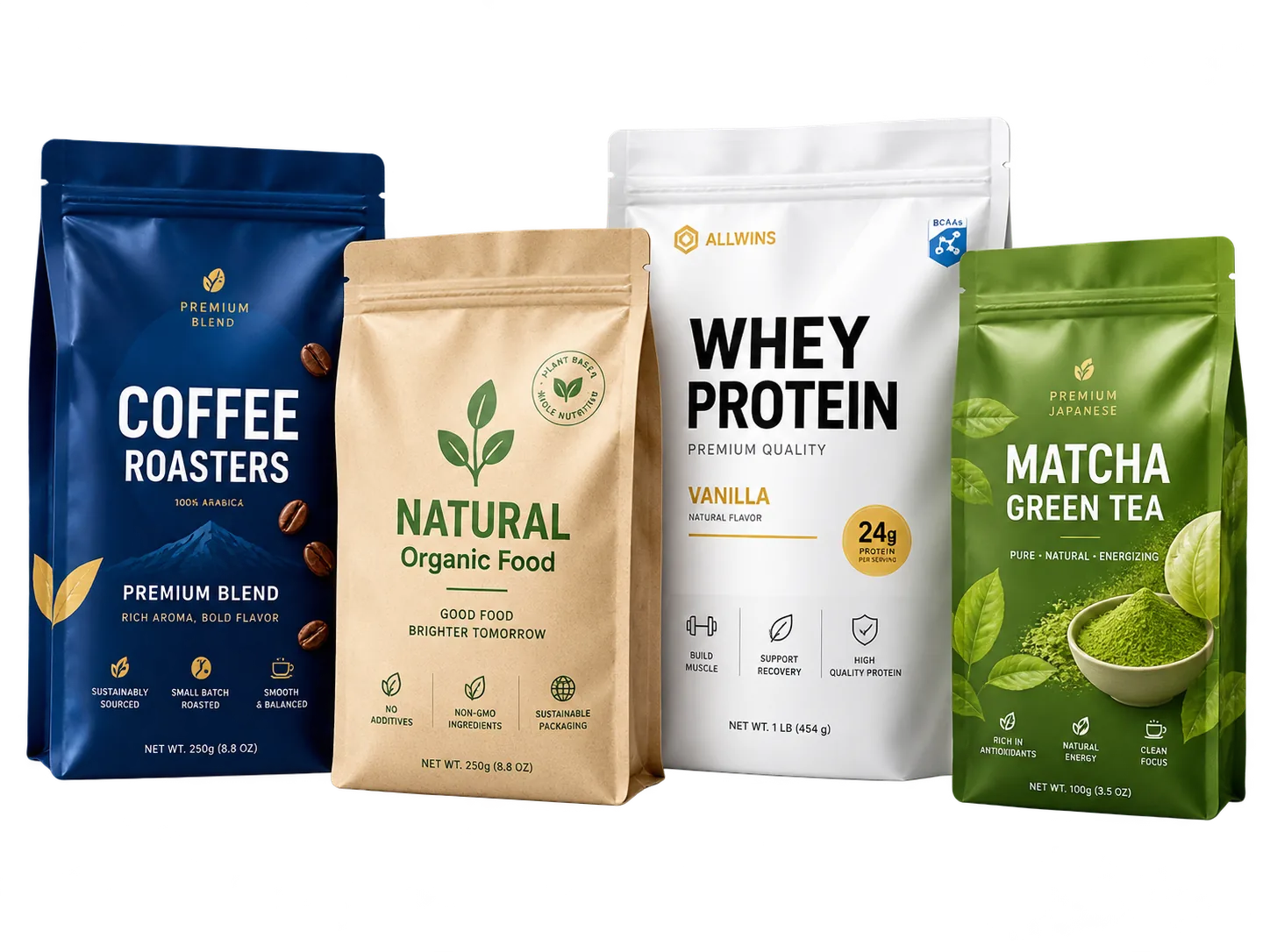Four printed flat bottom stand-up pouches for coffee, organic food, whey protein and matcha green tea