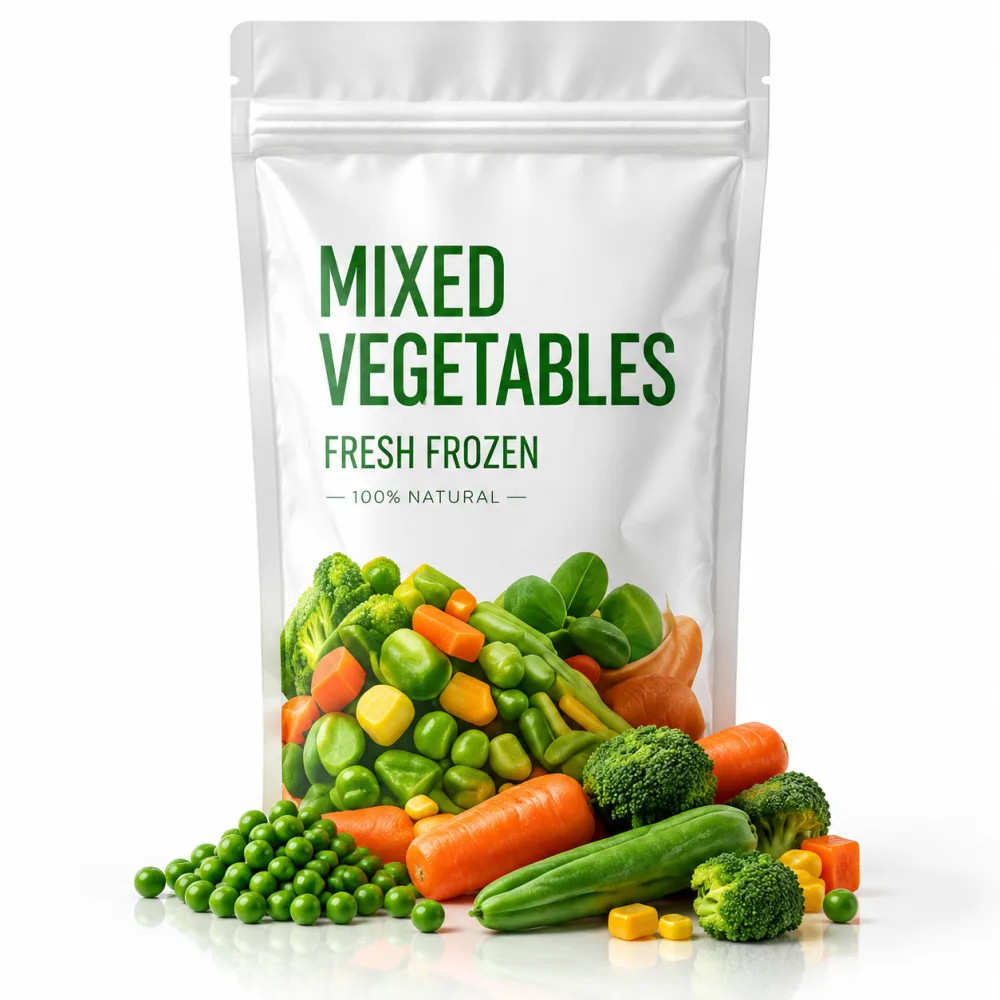 A white stand-up pouch of fresh frozen mixed vegetables with peas, carrots, broccoli and sweetcorn arranged in front of it