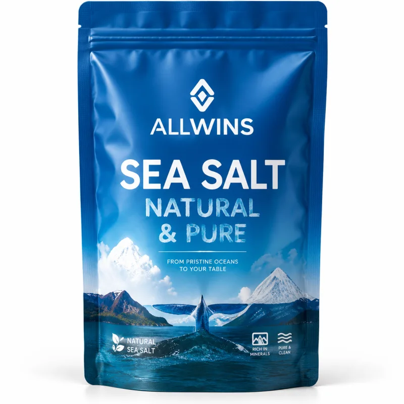 A kraft ALLWINS organic tea pouch printed with tea leaves