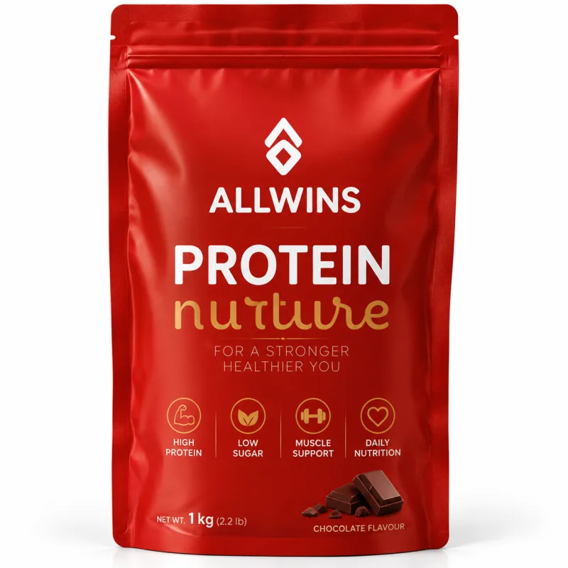 A kraft ALLWINS specialty coffee stand-up pouch printed with coffee beans and leaves