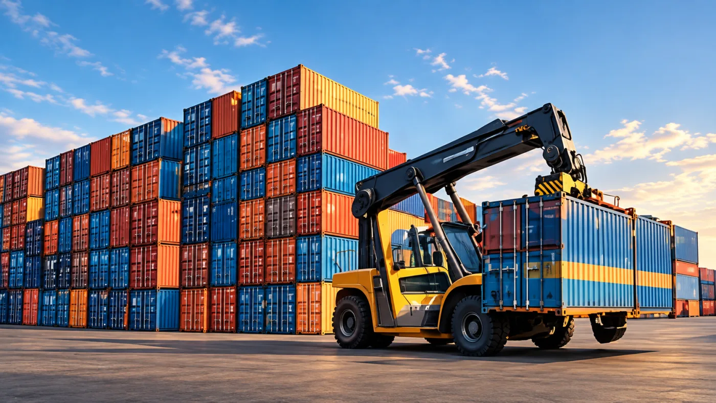 A yellow reach stacker lifting a shipping container beside walls of stacked containers at sunset — ALLWINS global logistics
