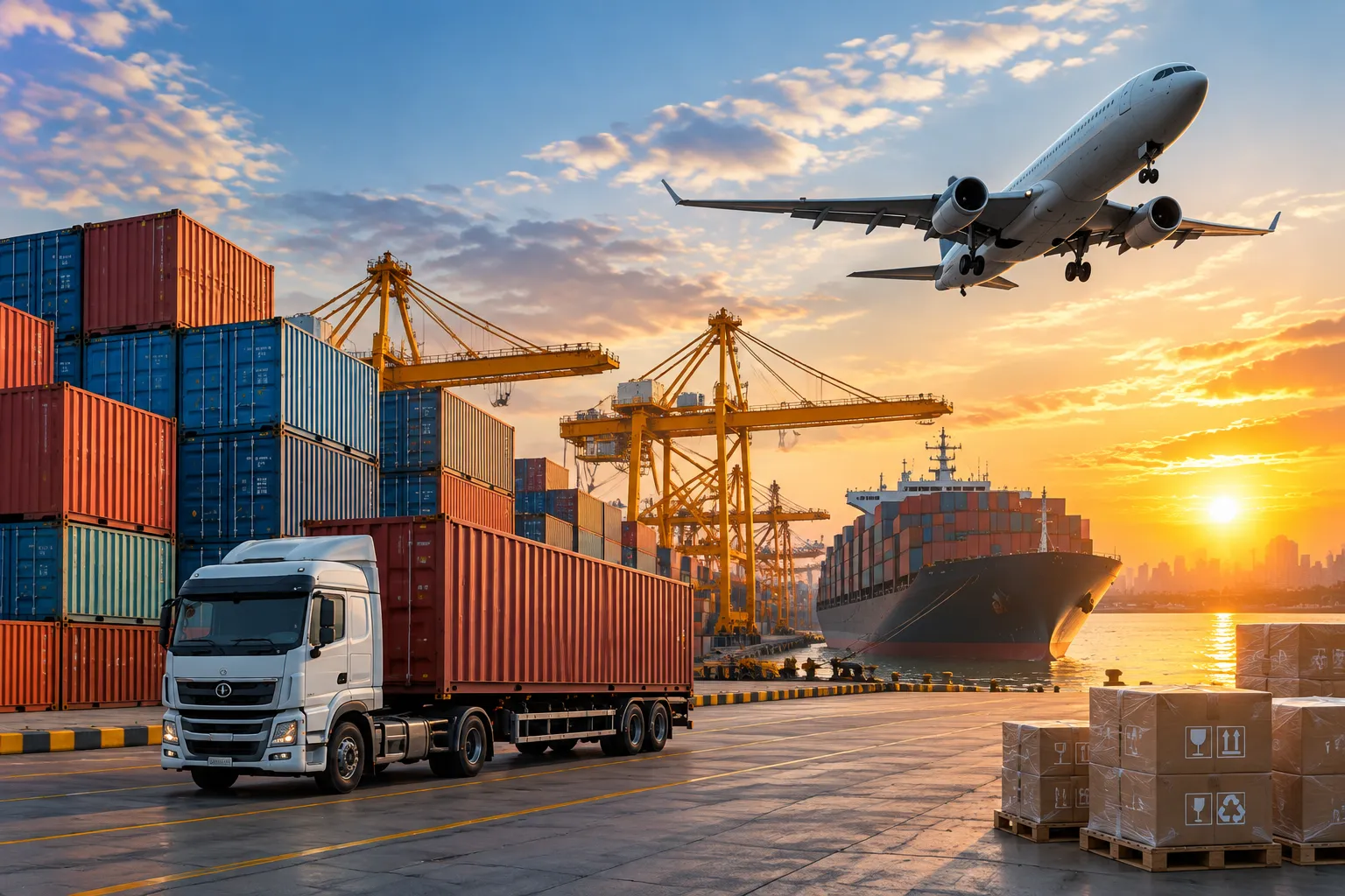 Container port at sunset with a haulage truck, gantry cranes, a loaded container ship and a cargo aircraft overhead — ALLWINS global packaging logistics and export
