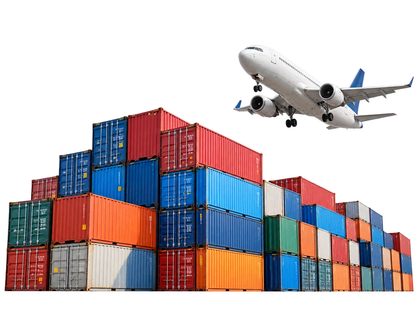 Stacked shipping containers and a cargo aircraft, representing ALLWINS global sourcing and export logistics