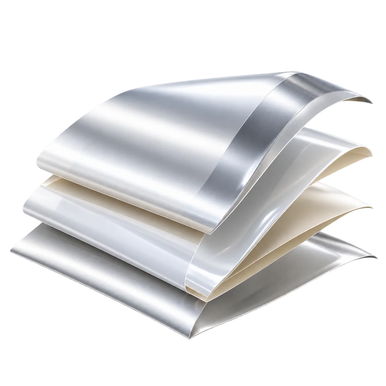 Stack of high-barrier laminate packaging film sheets in metallic silver and clear finishes