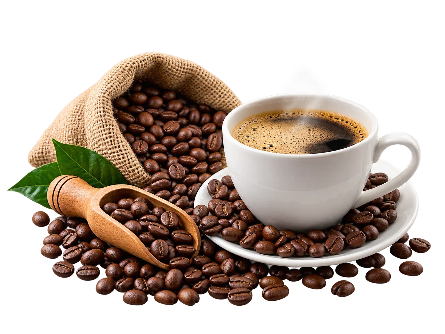 Roasted coffee beans in a jute sack beside a cup of black coffee, for coffee and tea packaging