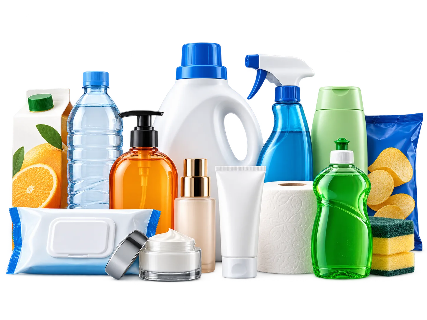 Consumer goods packaging: juice carton, water bottle, detergent, shampoo, wipes and a crisp packet