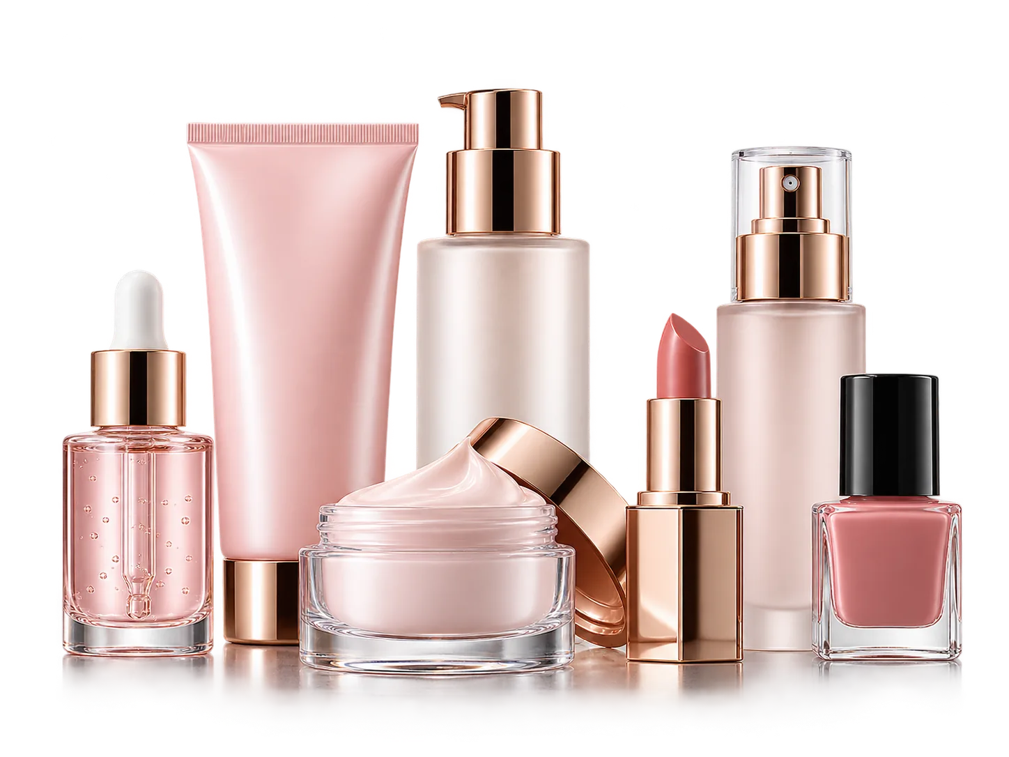 Cosmetics packaging: serum dropper, cream jar, pump bottles, lipstick and nail varnish in rose gold