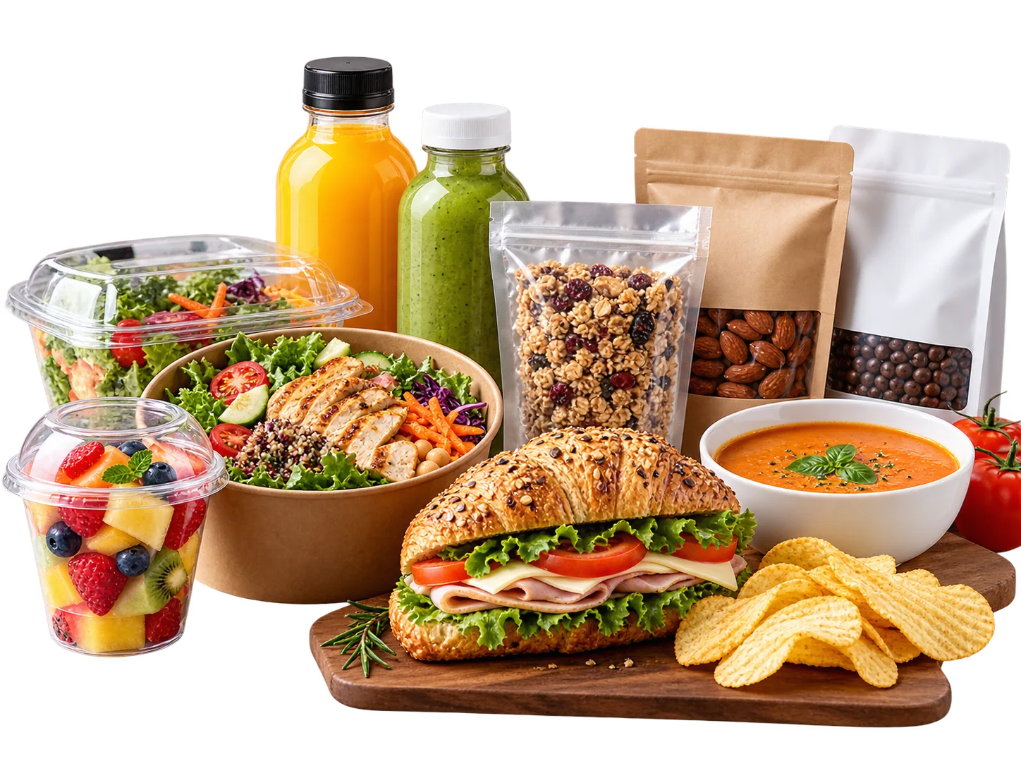 Food and beverage packaging: salad bowls, juice bottles, granola pouch, kraft window bags and a paper soup bowl