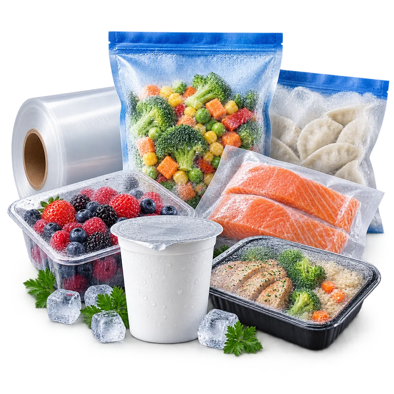 Frozen food packaging: bags of frozen vegetables and berries, dumplings, salmon and a tub, packed in ice