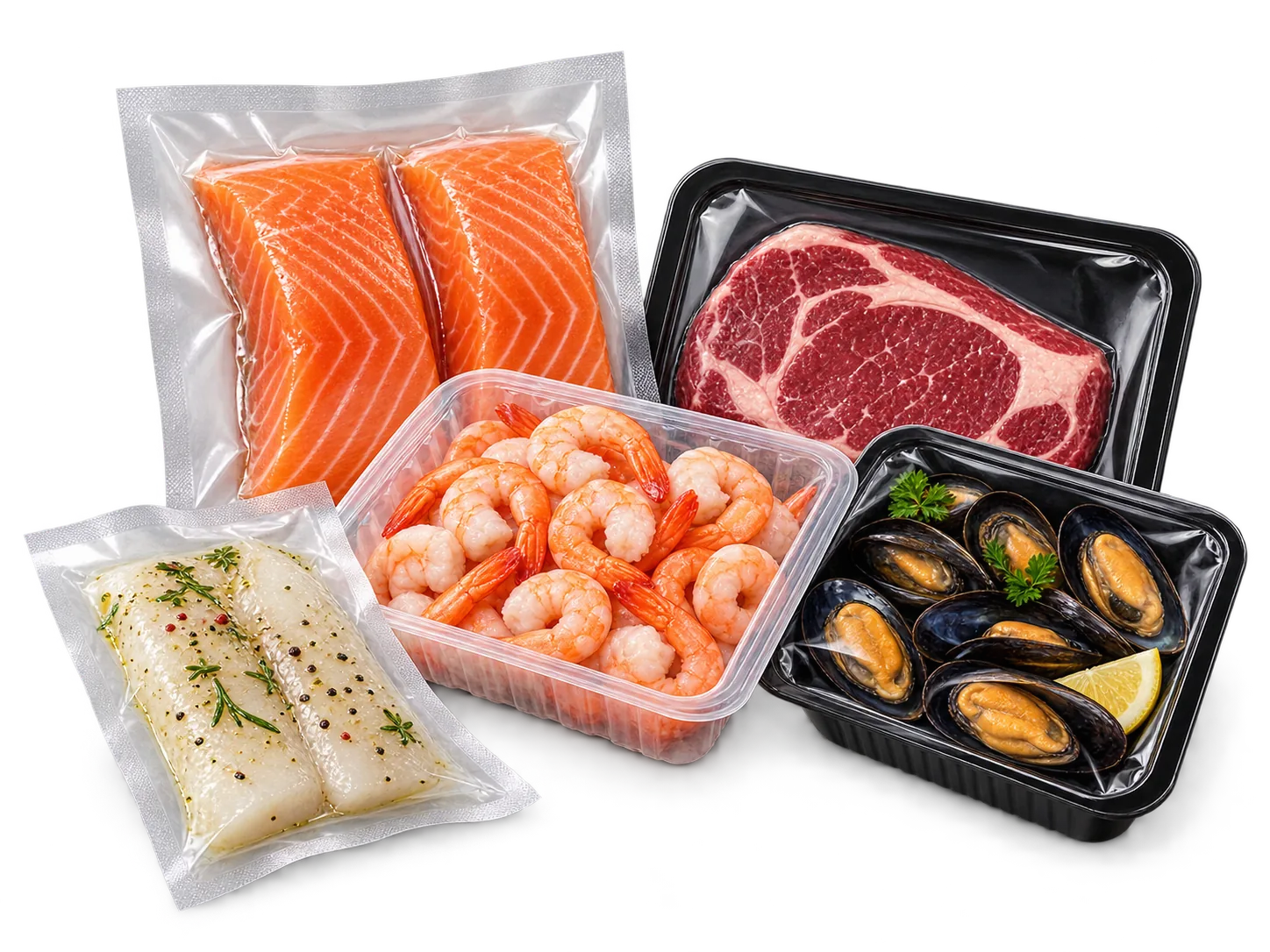Meat and seafood packaging: vacuum-packed salmon and prawns, skin-pack steak and a sealed mussel tray