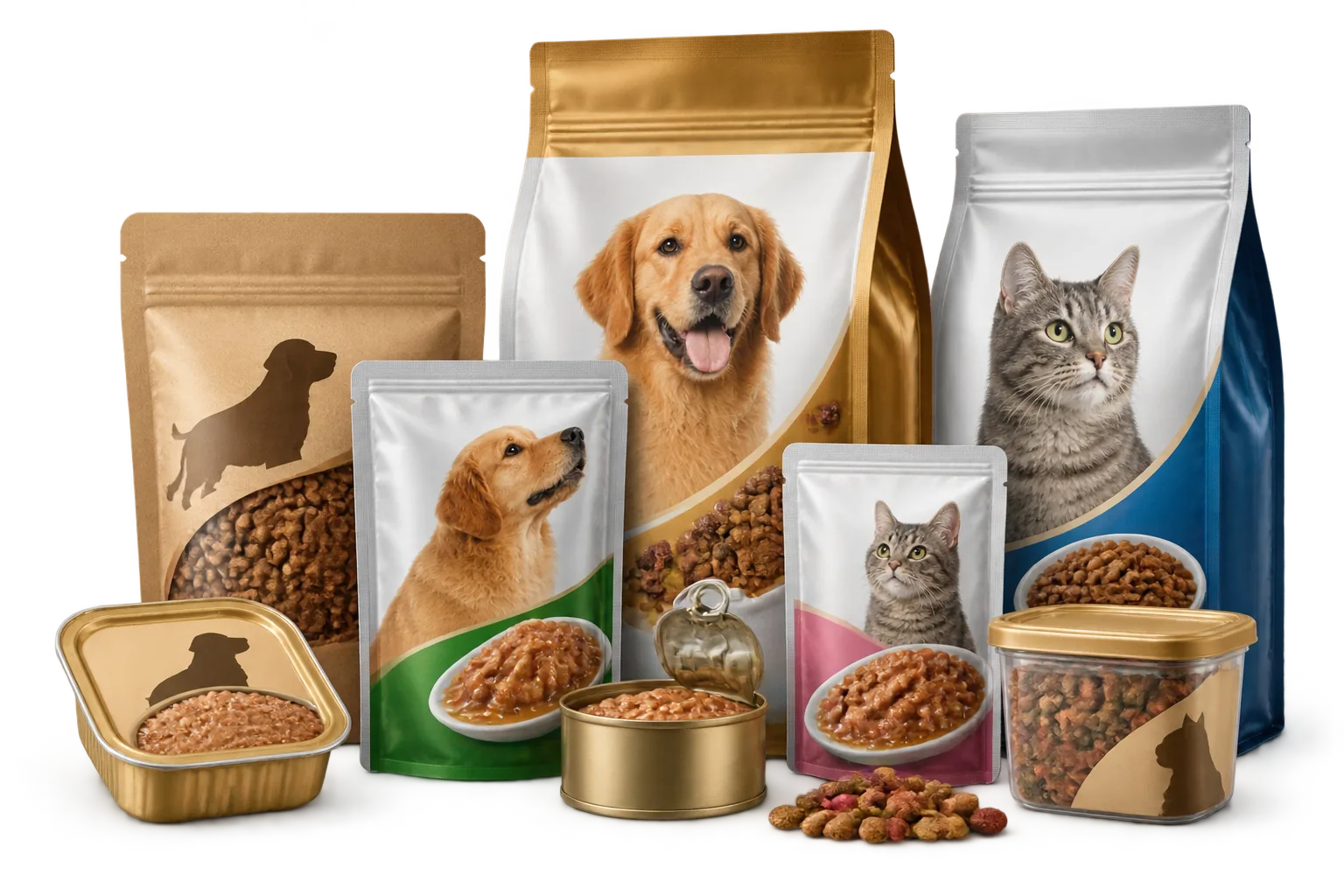 Pet food packaging: dog and cat food pouches, cans and tubs with kibble, in front of a dog and a cat