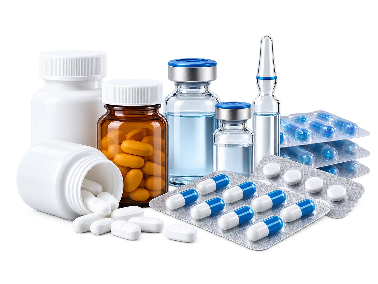 Pharmaceutical bottles, glass vials, an ampoule and blister packs of tablets and capsules