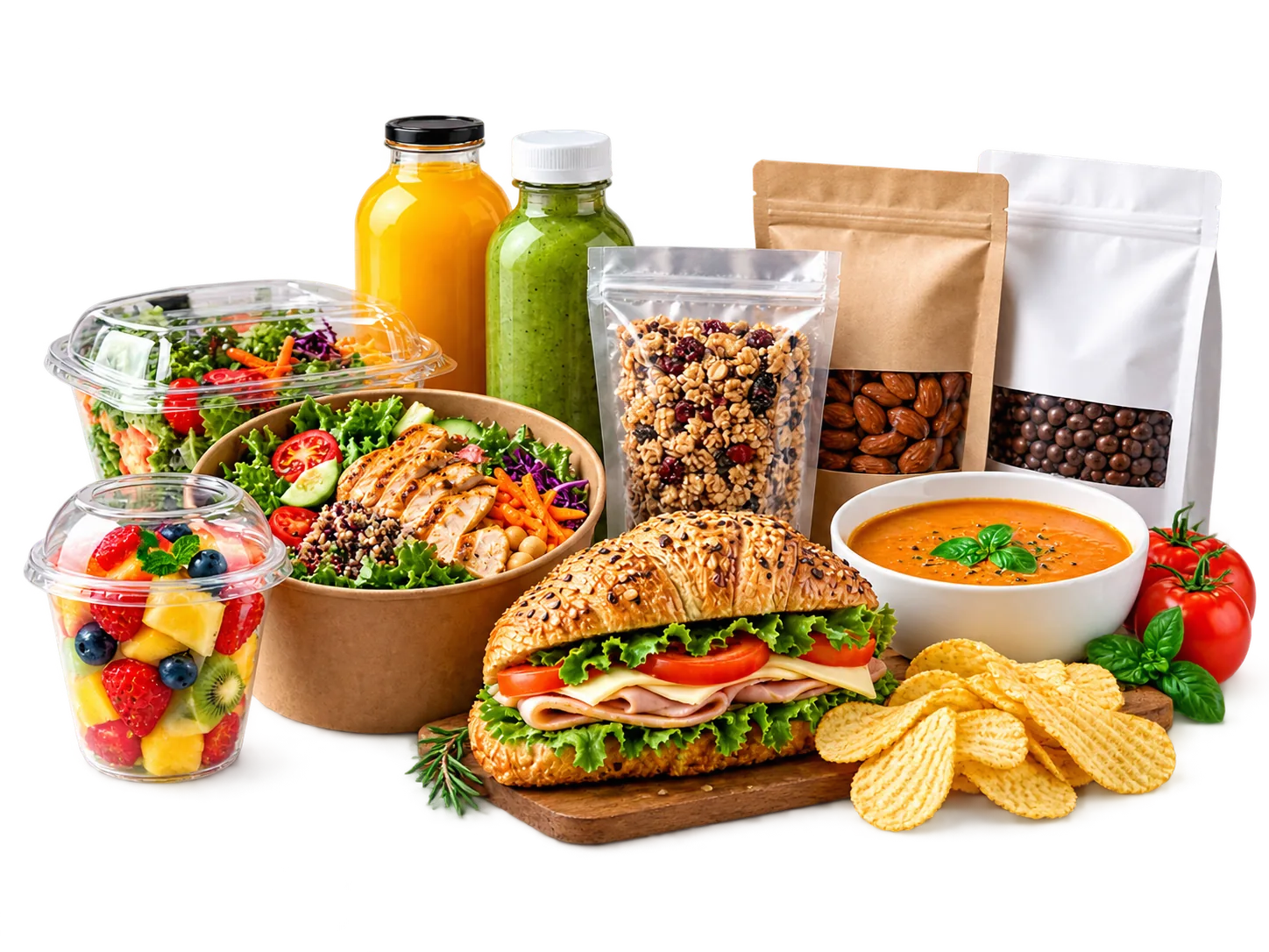 Ready meal packaging: salad bowls, a sandwich pack, a soup bowl, juice bottles and granola pouches together
