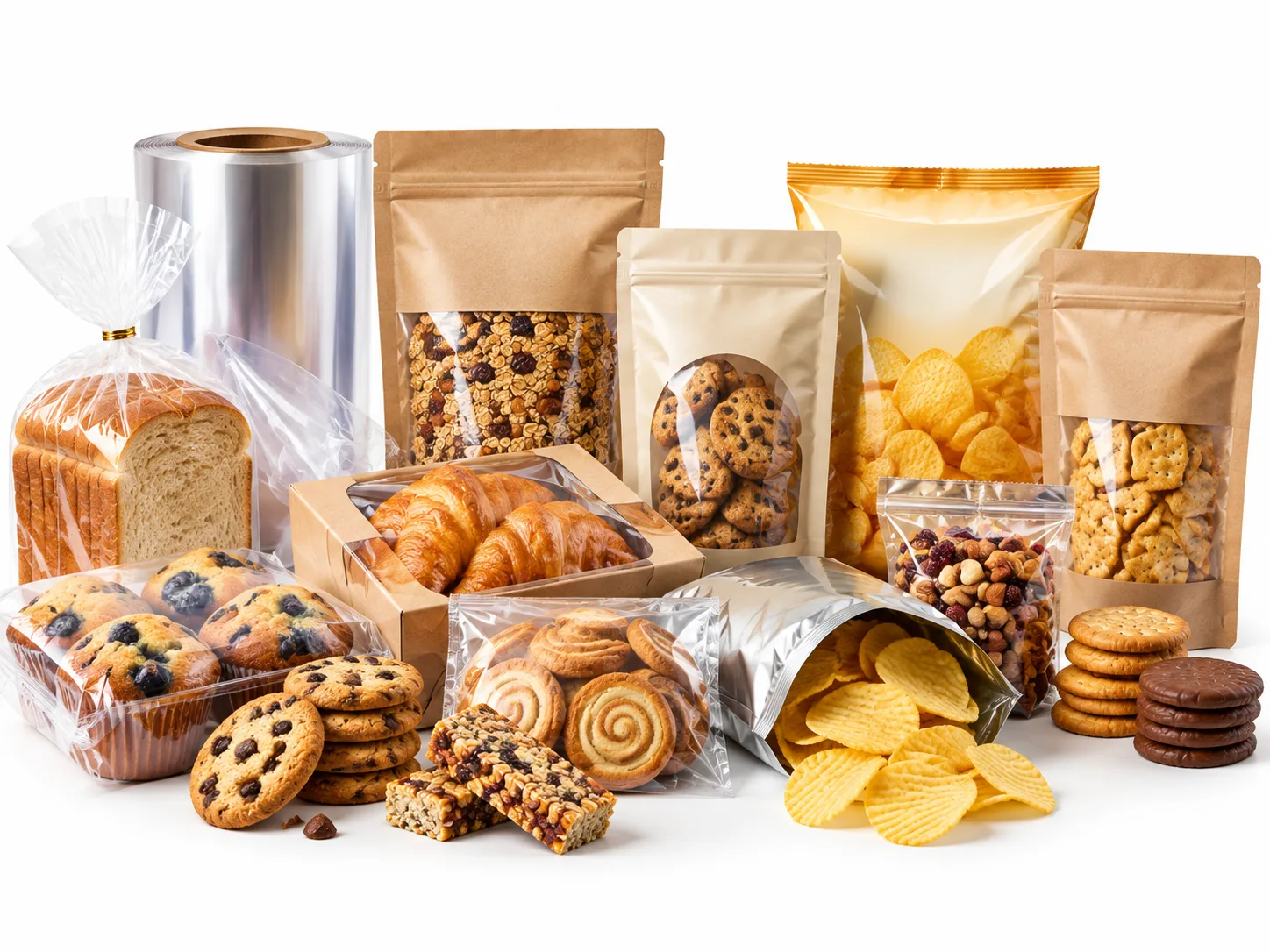 Snack and bakery packaging: bread, croissants, cookies and crisps with kraft pouches and a film reel