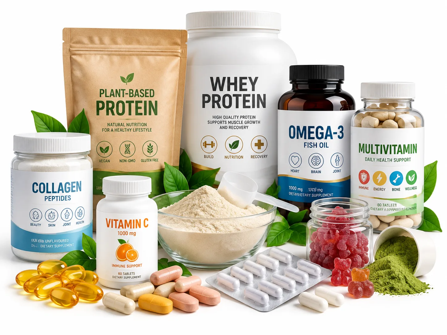 Supplement packaging: protein and collagen tubs, omega-3 and multivitamin bottles, capsules and blister strips