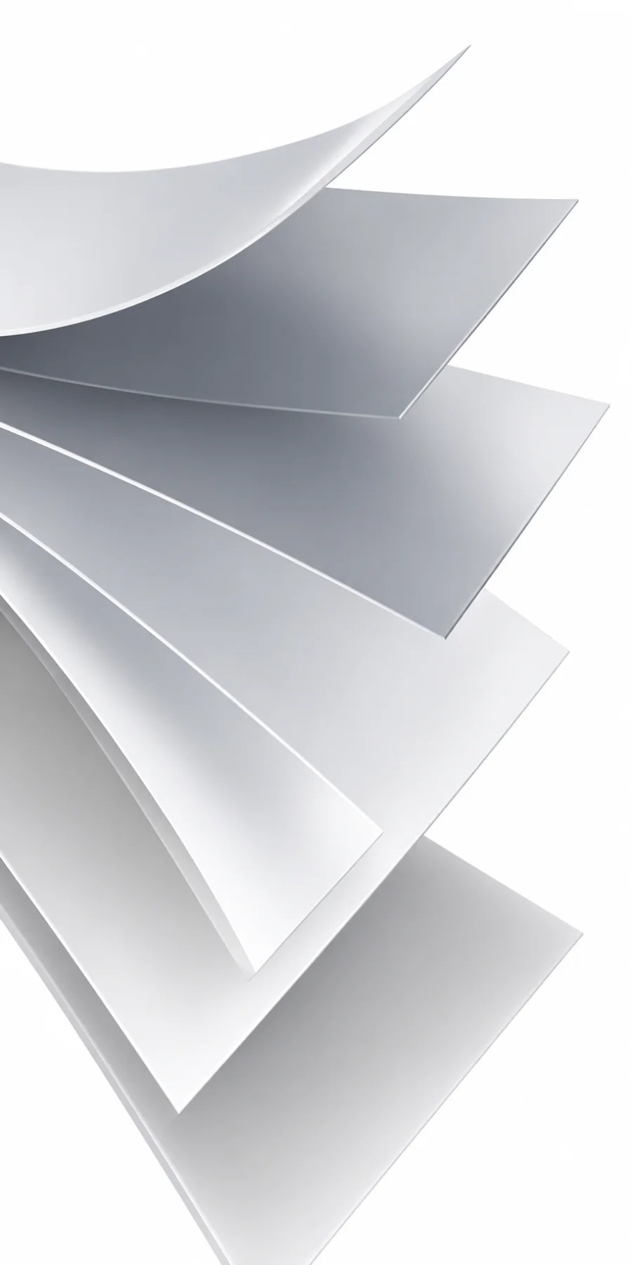 Five white and silver film sheets fanned apart to show the layers of a laminate packaging structure