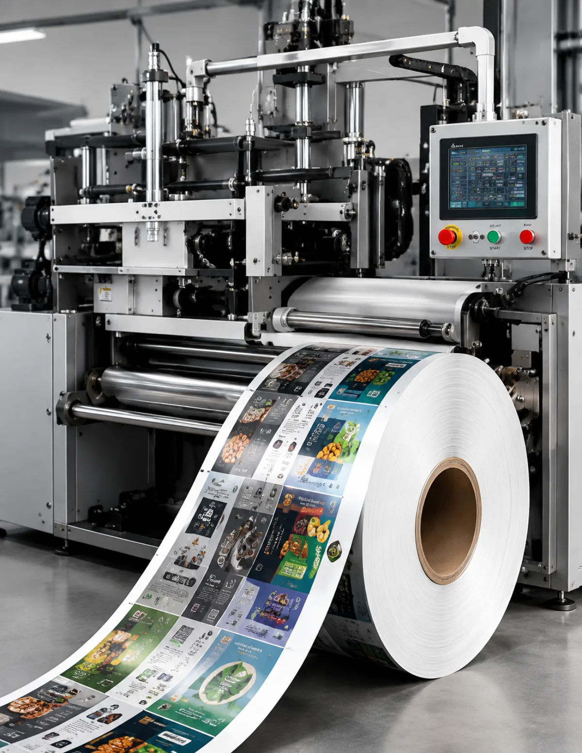A large printed laminate film reel unwinding from a converting press in a bright plant — ALLWINS machine and material expertise