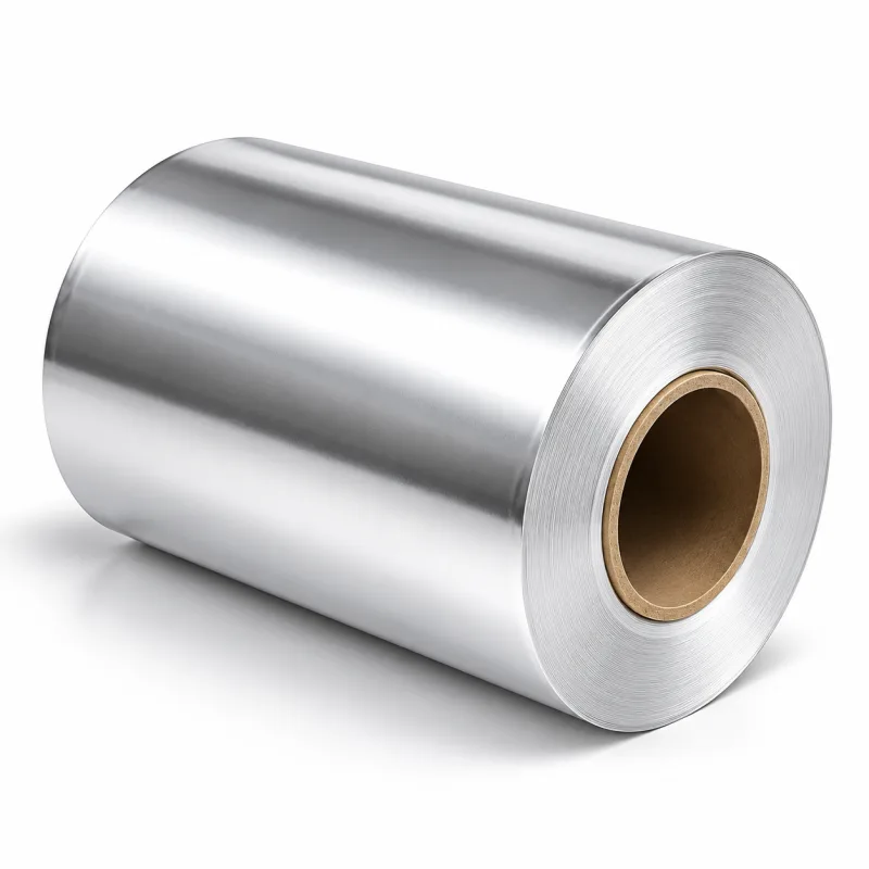 A bright silver aluminium foil roll on a paper core, unwinding onto a white ground