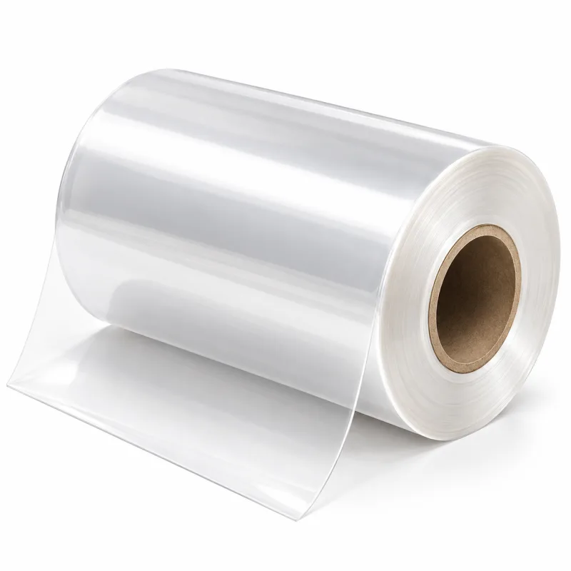 A clear high-gloss BOPP film roll on a paper core, unwinding onto a white ground