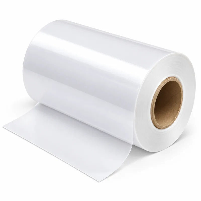 A white cast polypropylene film roll on a paper core, unwinding onto a white ground
