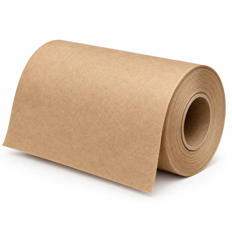 A natural brown kraft paper roll unwinding onto a white ground