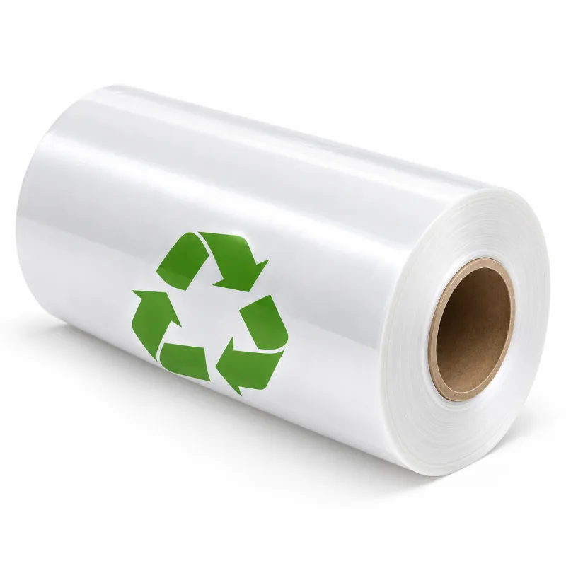 A clear mono-material polyethylene film roll marked with the recycling triangle, unwinding onto a white ground