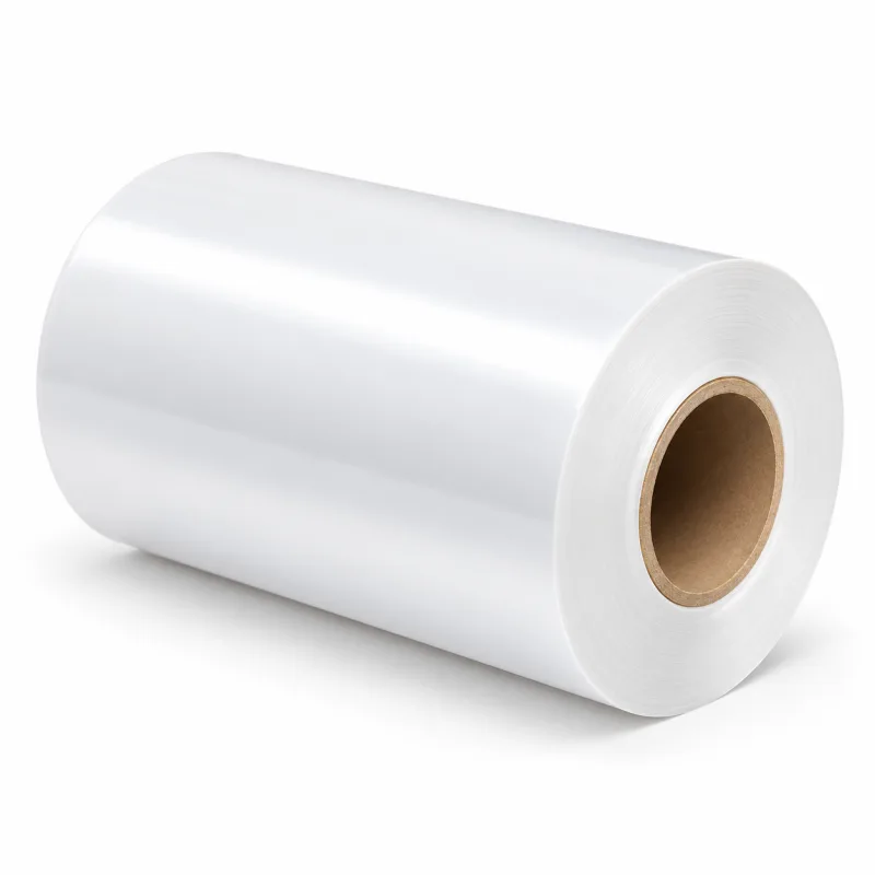 A soft translucent polyethylene film roll on a paper core, unwinding onto a white ground