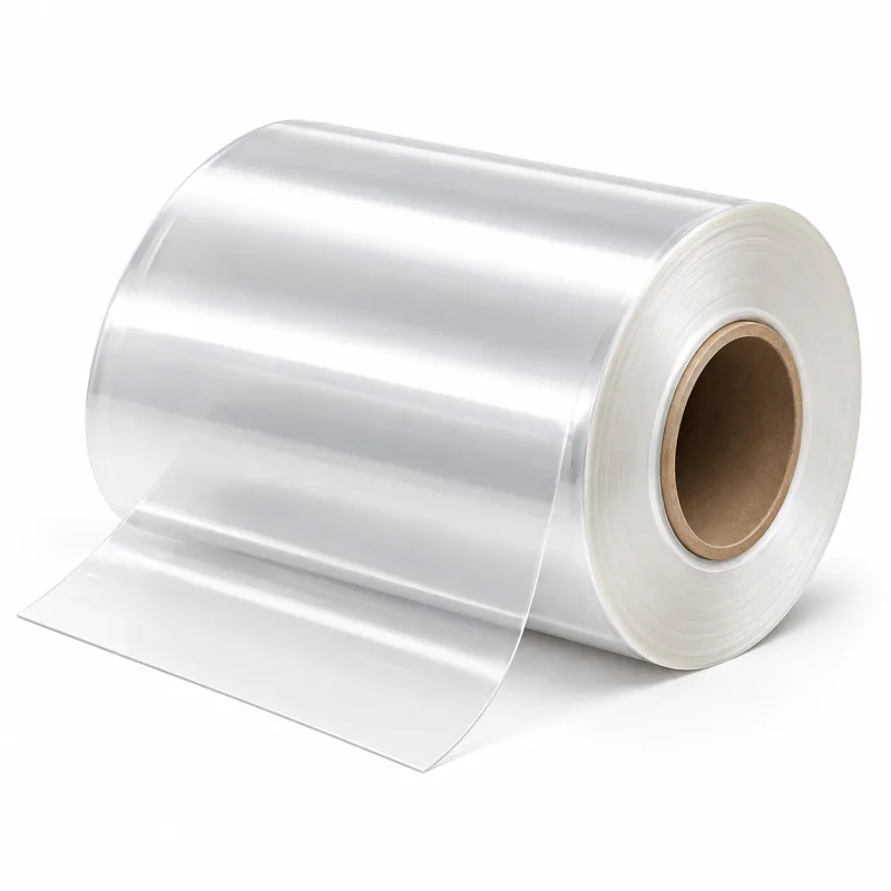 A clear glossy PET film roll on a paper core, unwinding onto a white ground
