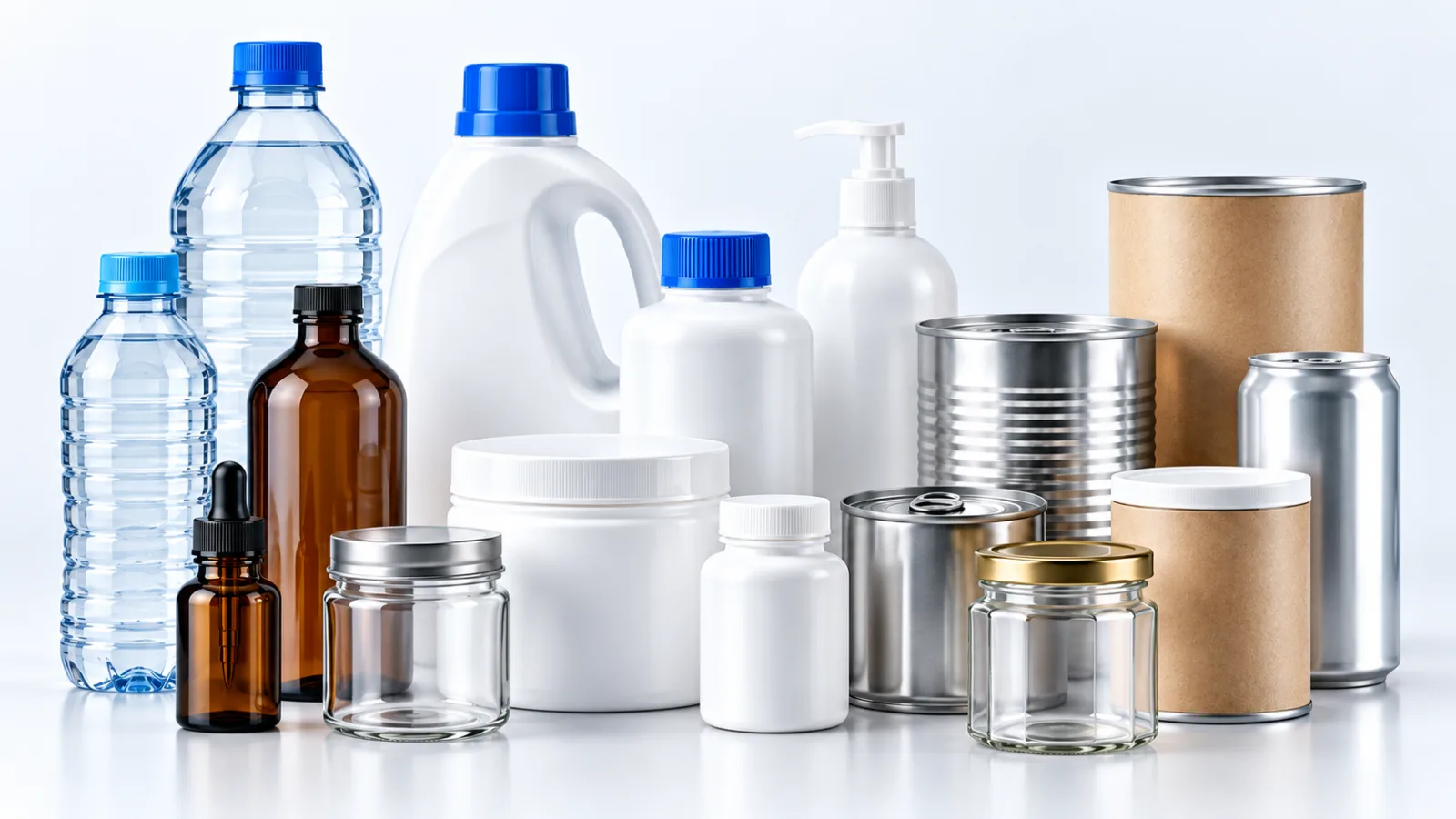 PET water bottles, HDPE and amber glass bottles, glass jars, a PP tub, tinplate and aluminium cans and composite paper cans — the ALLWINS bottle, jar and can range