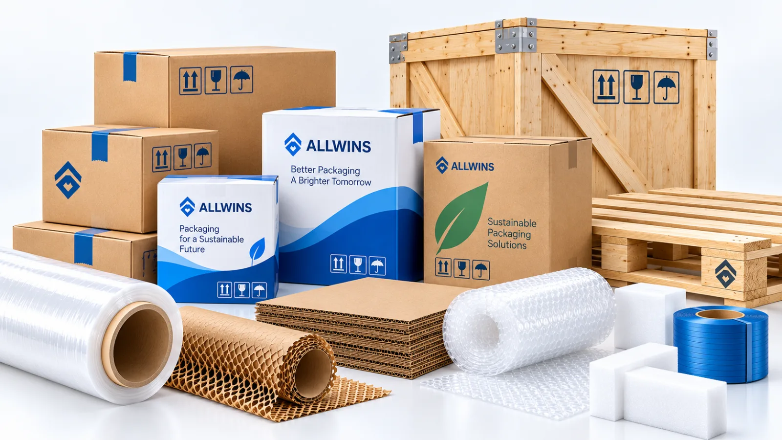 Corrugated and printed ALLWINS cartons with a wooden crate, timber pallet, honeycomb paper, stretch film, bubble wrap, foam corners and strapping — the ALLWINS carton and transport packaging range