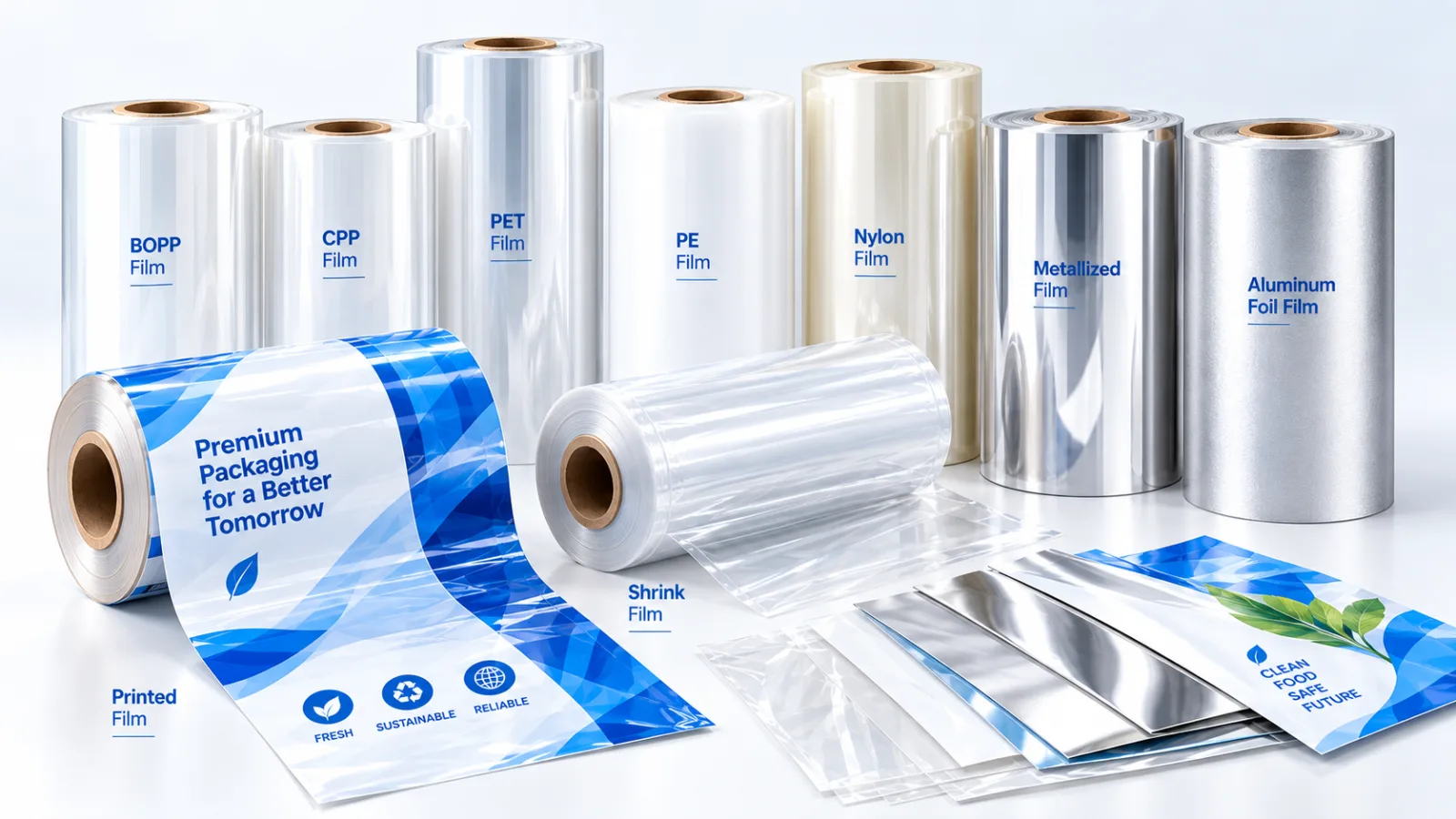 Rolls of BOPP, CPP, PET, PE, nylon, metallized, aluminium foil, shrink and printed film with laminate sheets — the ALLWINS flexible film range