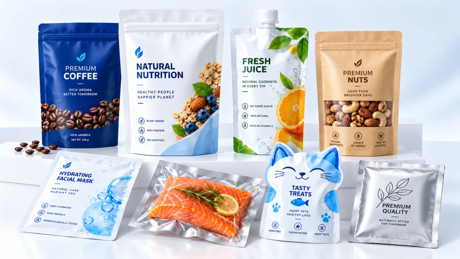 Stand-up, spout, vacuum, shaped and flat pouches holding coffee, nutrition powder, juice, nuts, salmon, pet treats and a facial mask — the ALLWINS flexible pouch range