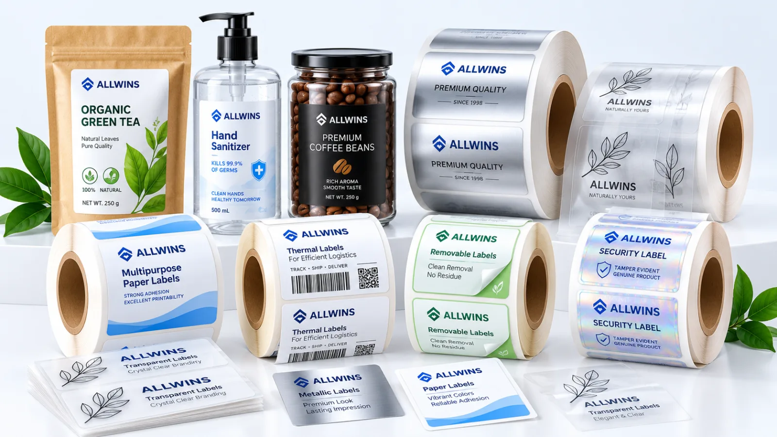Rolls of paper, thermal, transparent, metallic, removable and security labels beside labelled pouches, bottles and jars — the ALLWINS label and self-adhesive range