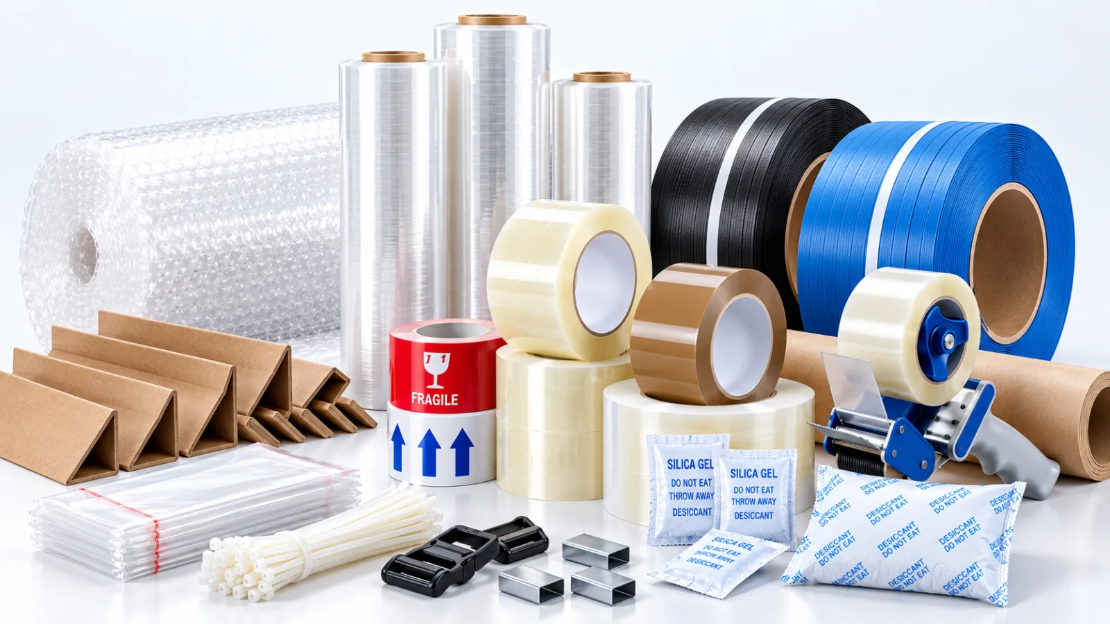 Bubble wrap, stretch film rolls, packing tapes, PP strapping, cable ties, cardboard edge protectors, silica gel desiccants and a tape dispenser — the ALLWINS packaging auxiliaries range