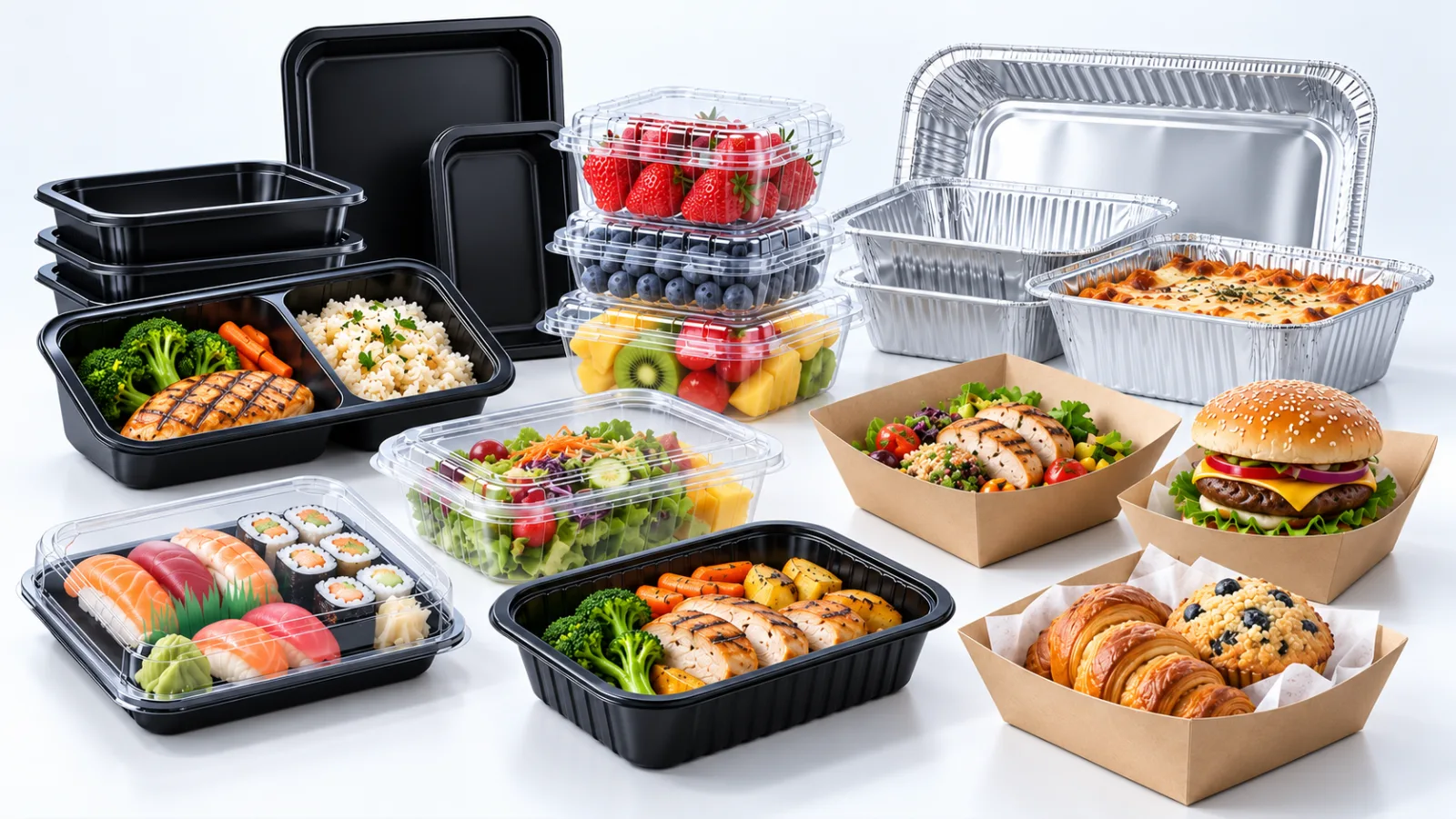 Black PP and CPET meal trays, clear PET fruit, salad and sushi trays, aluminium foil trays and kraft paper food boxes — the ALLWINS tray and container range