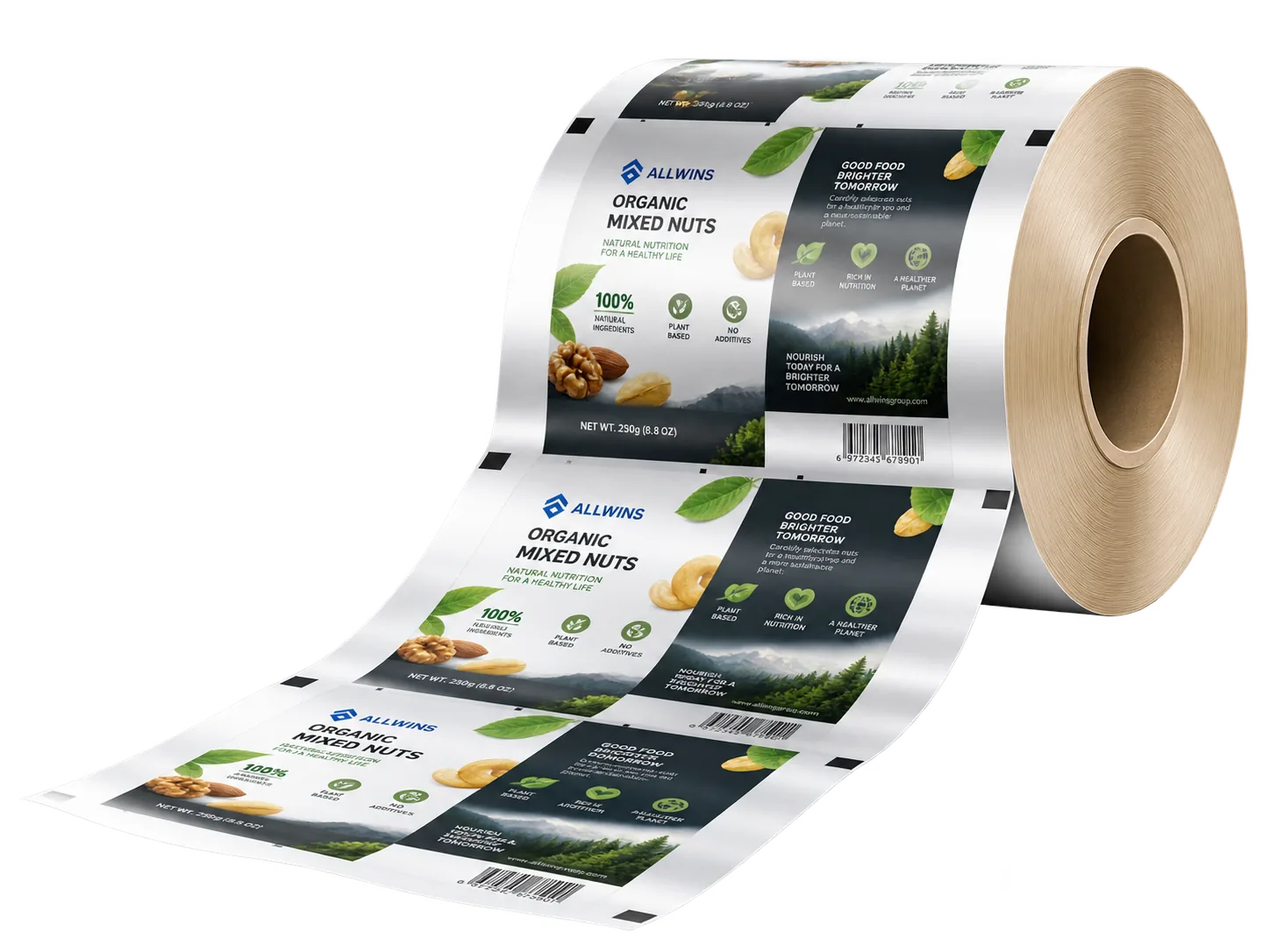 Printed rollstock packaging film roll for organic mixed nuts, showing registration marks and barcode