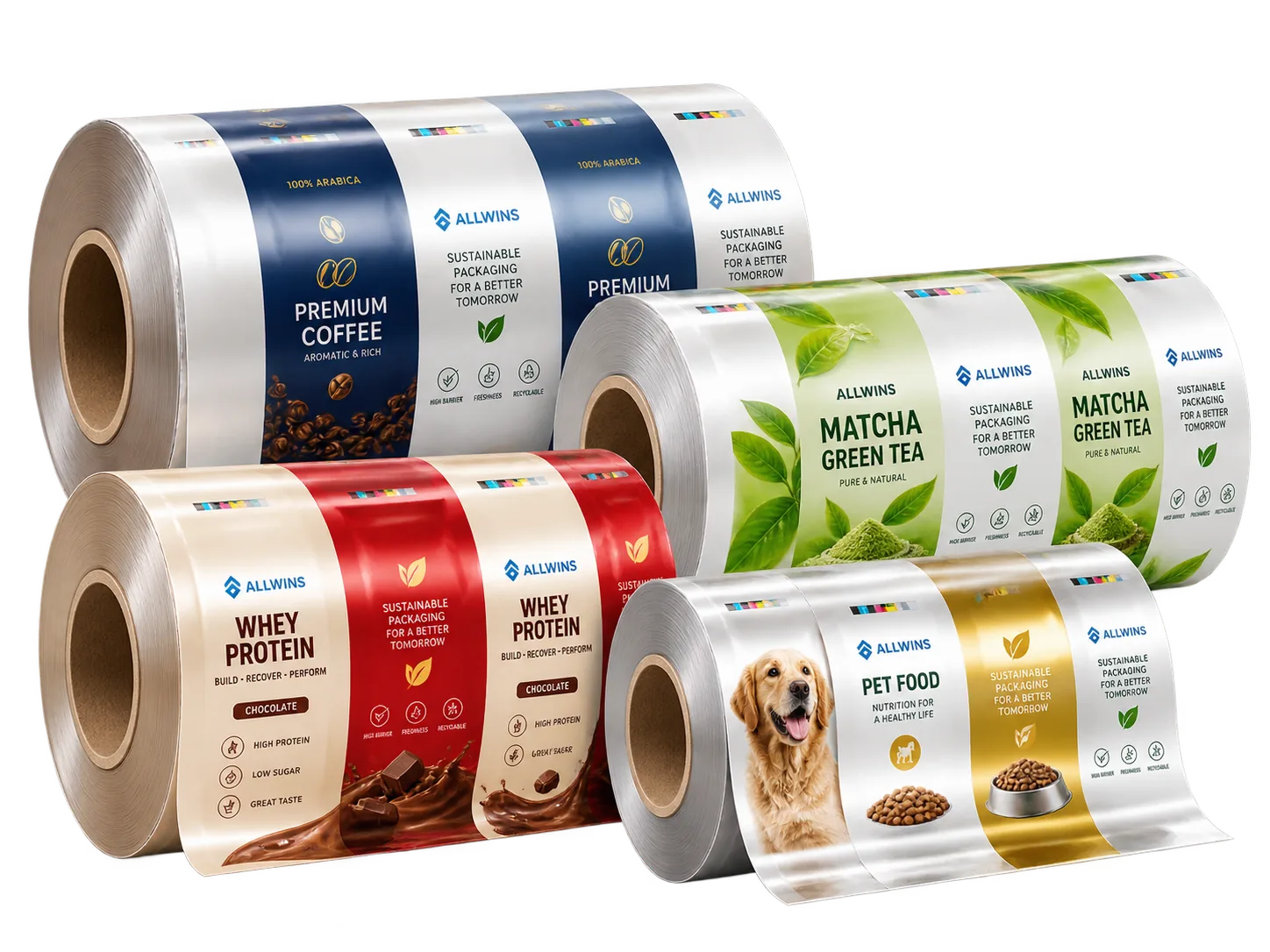 Four printed rollstock packaging film rolls for premium coffee, matcha green tea, whey protein and pet food
