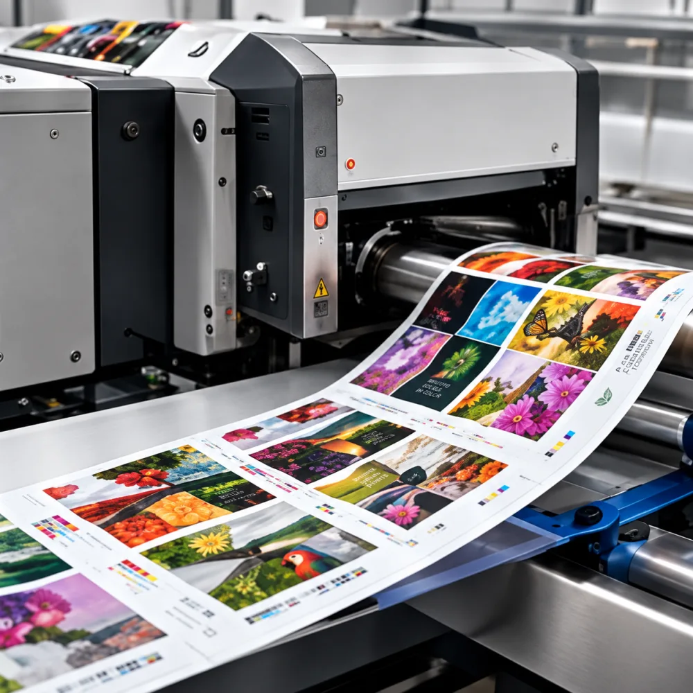 Printed packaging designs leaving a digital press, with more sheets stacked in front of it