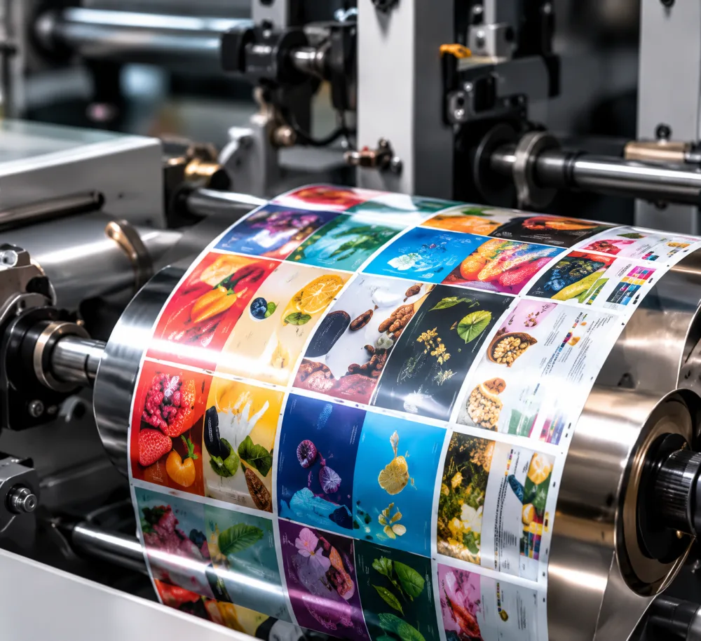 A colourful printed packaging web running over the cylinders of a rotogravure press