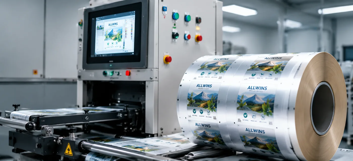 A printed laminate film reel leaving a press, with the approved artwork shown on the machine's screen — ALLWINS quality inspection