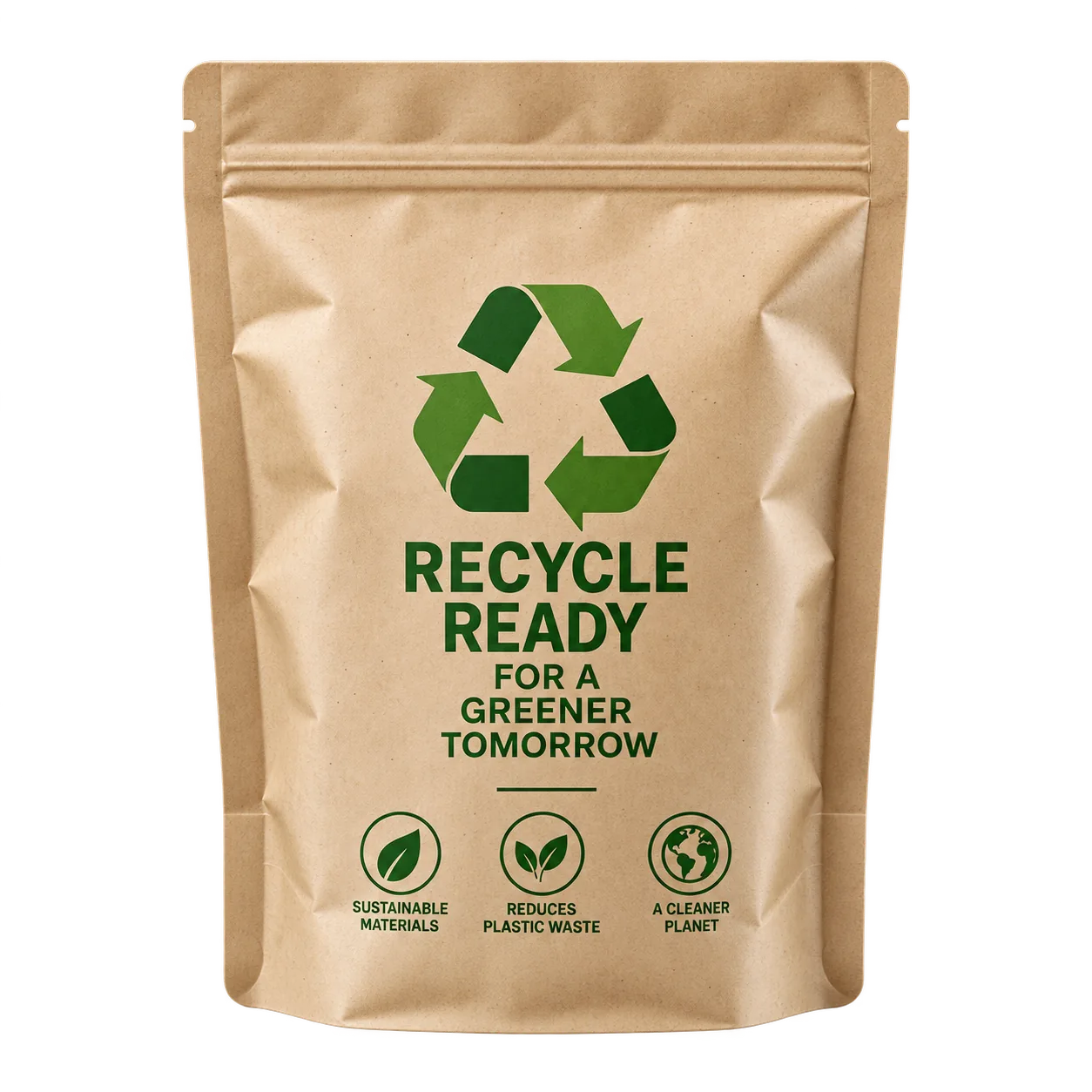 Recycle-ready kraft paper stand-up pouch with a press-to-close zipper and sustainability icons