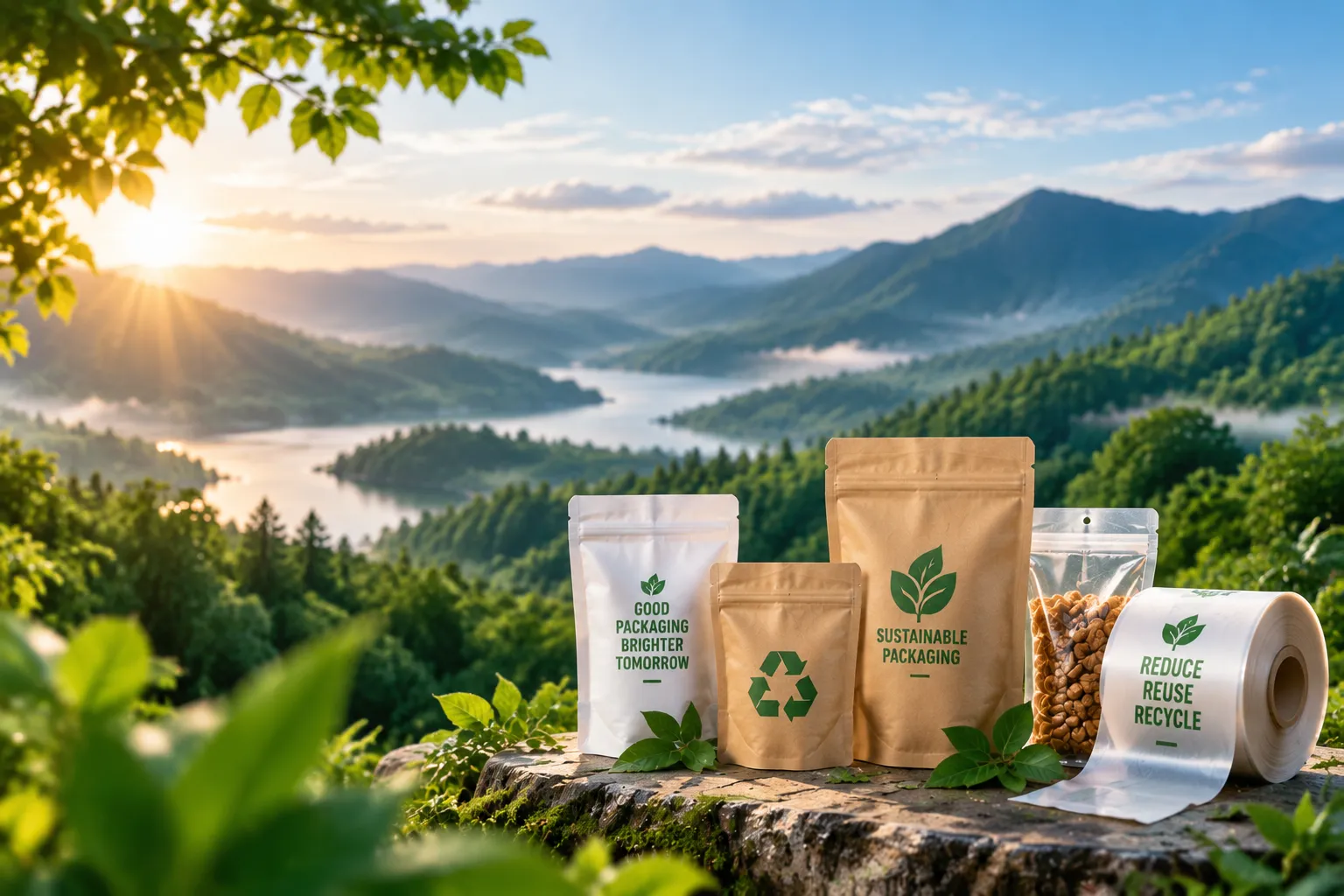 Recyclable kraft stand-up pouches, a clear pouch of nuts and a Reduce Reuse Recycle film roll on a stone ledge above a sunlit forest valley — ALLWINS sustainable packaging materials