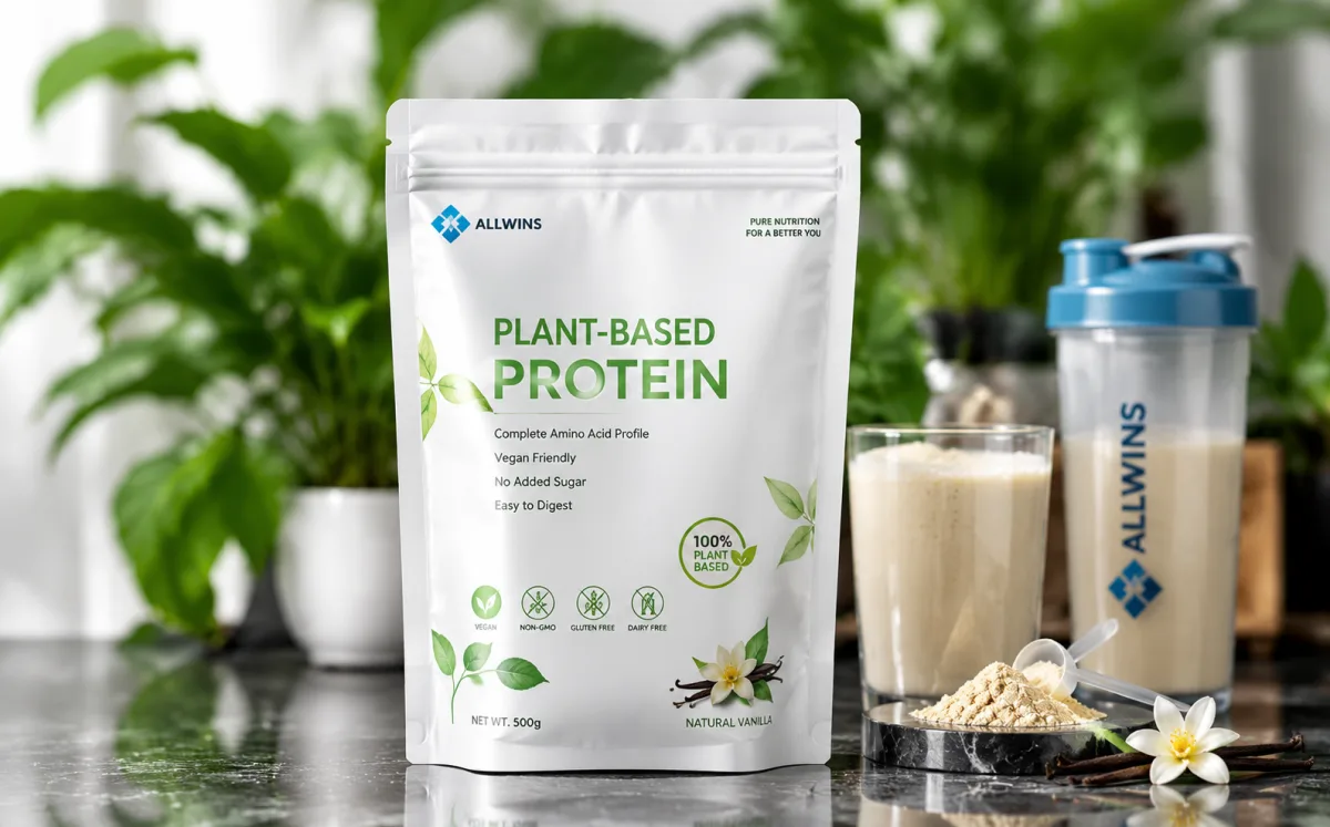 A white ALLWINS plant-based protein stand-up pouch on a marble counter with a filled shaker, a glass of the mixed drink and vanilla pods — ALLWINS case studies